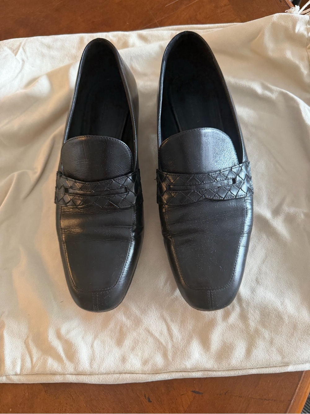 Bottega Veneta Black Leather Woven-Trim Slip-Ons